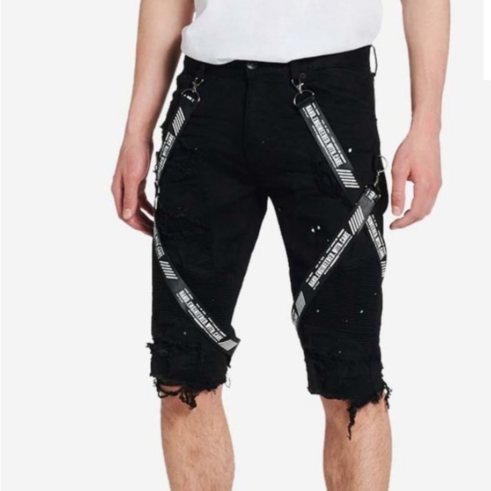 Decibel Moto Twill Distressed Shorts With Straps. Black. 28. NWT